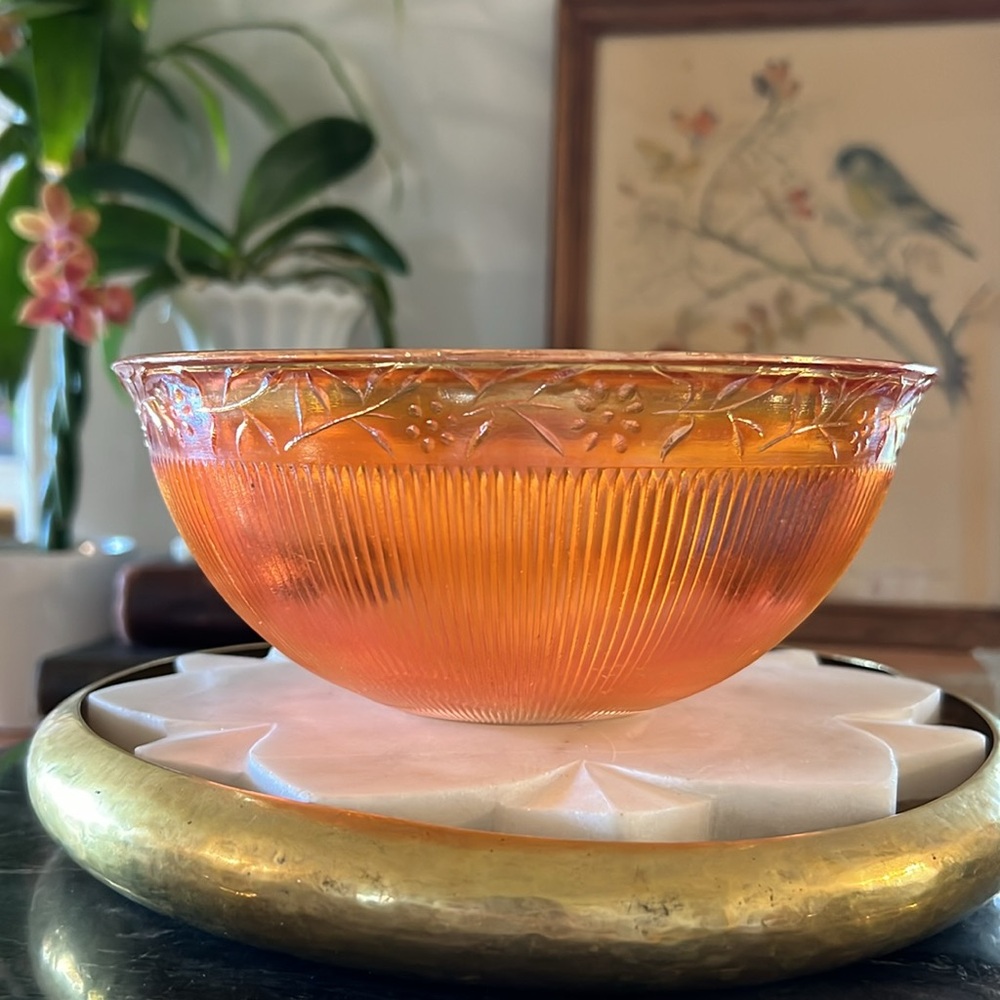 Antique 1928 Jeannette Glass Marigold Floral + Ribbed Carnival Glass Bowl